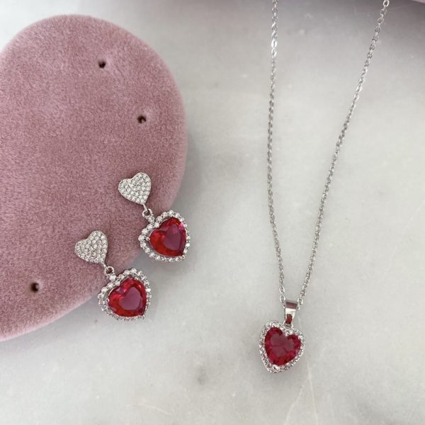 Ruby Heart Kolye Küpe Seti